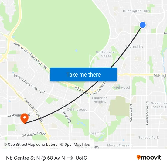 Nb Centre St N @ 68 Av N to UofC map