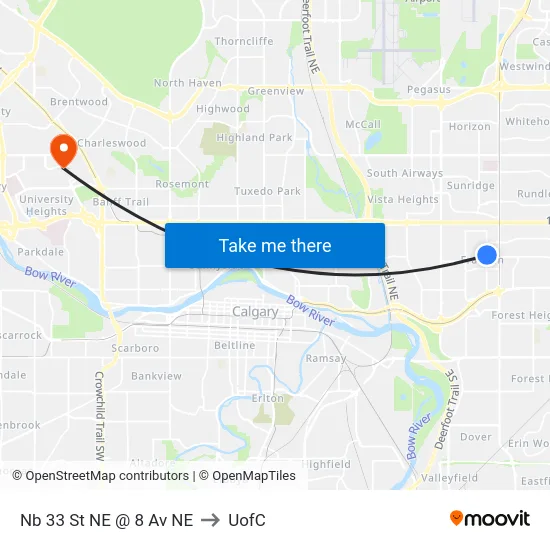 Nb 33 St NE @ 8 Av NE to UofC map