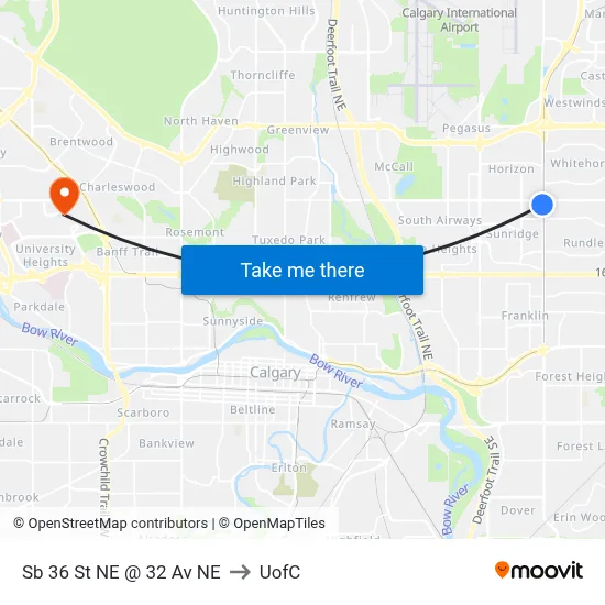 Sb 36 St NE @ 32 Av NE to UofC map