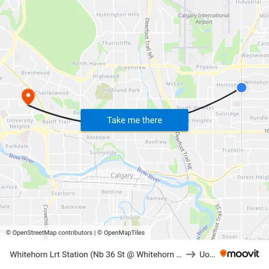 Whitehorn Lrt Station (Nb 36 St @ Whitehorn Dr Ne) to UofC map