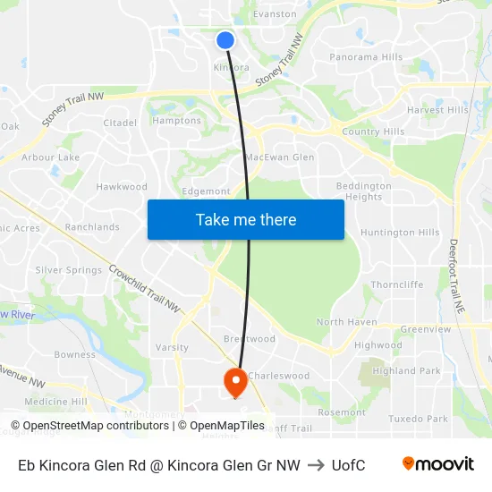 Eb Kincora Glen Rd @ Kincora Glen Gr NW to UofC map