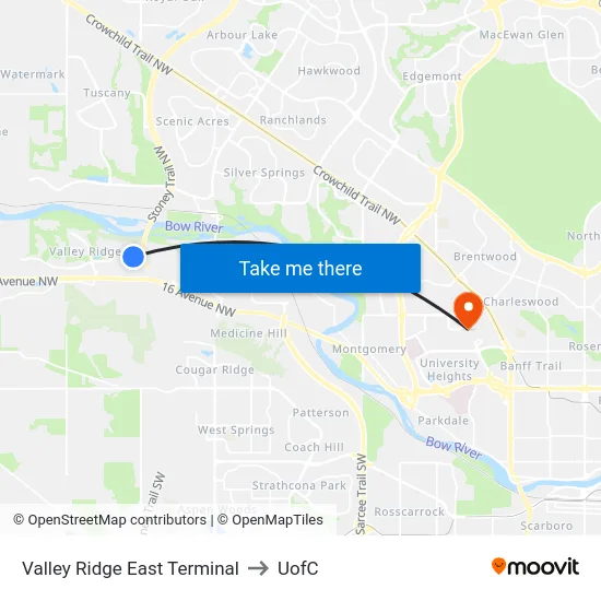 Valley Ridge East Terminal to UofC map