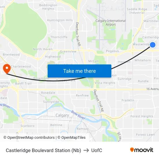 Castleridge Boulevard Station (Nb) to UofC map