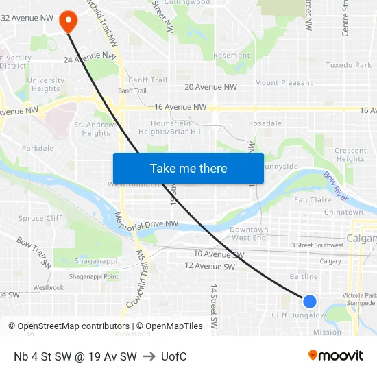 Nb 4 St SW @ 19 Av SW to UofC map