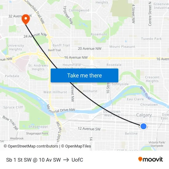 Sb 1 St SW @ 10 Av SW to UofC map
