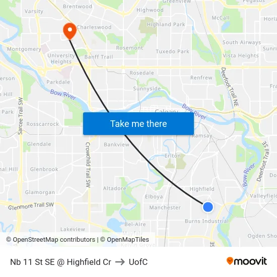 Nb 11 St SE @ Highfield Cr to UofC map