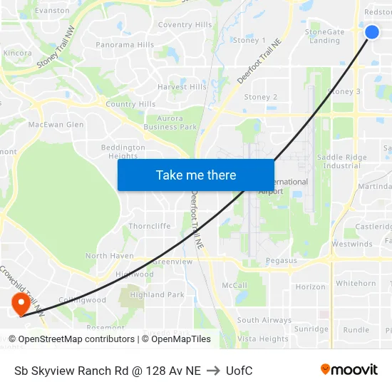 Sb Skyview Ranch Rd @ 128 Av NE to UofC map