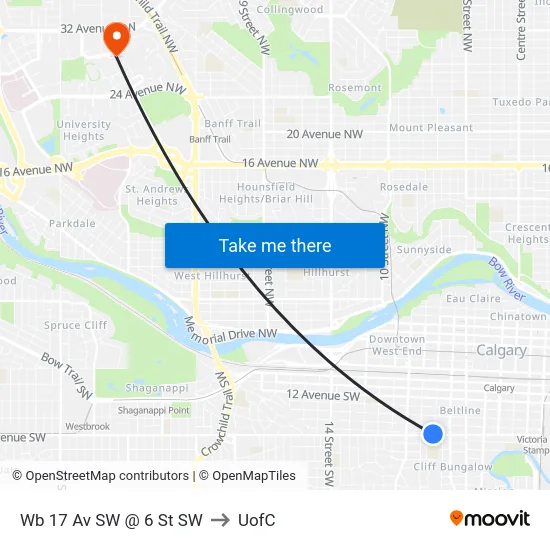 Wb 17 Av SW @ 6 St SW to UofC map