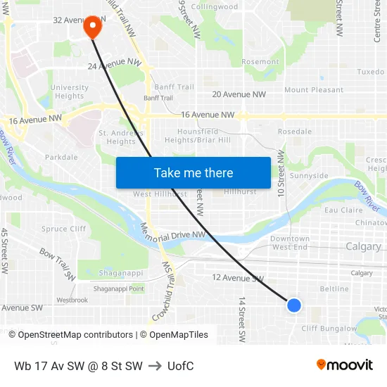 Wb 17 Av SW @ 8 St SW to UofC map
