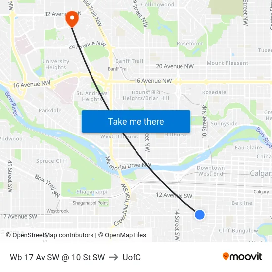 Wb 17 Av SW @ 10 St SW to UofC map