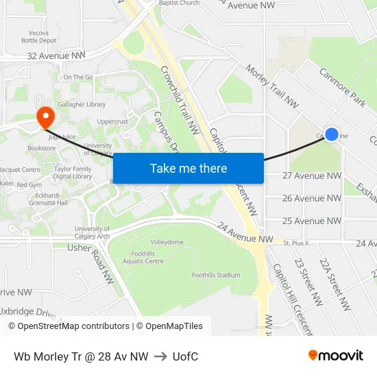 Wb Morley Tr @ 28 Av NW to UofC map