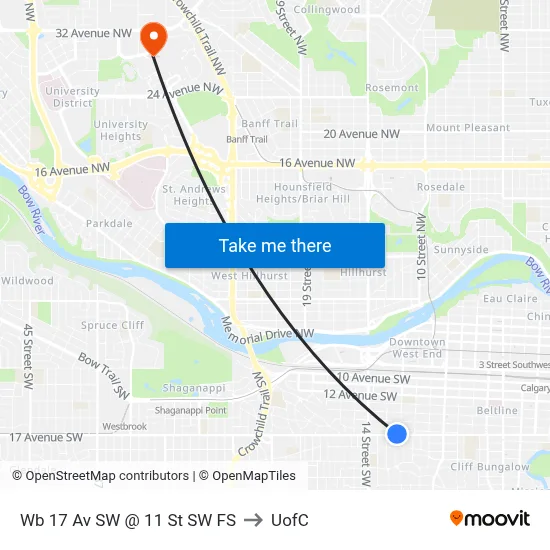 Wb 17 Av SW @ 11 St SW FS to UofC map