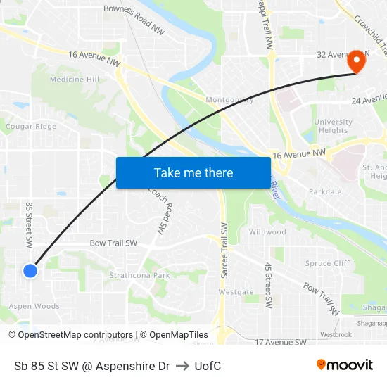 Sb 85 St SW @ Aspenshire Dr to UofC map