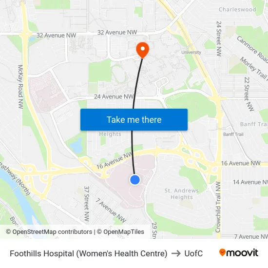 Foothills Hospital (Women's Health Centre) to UofC map