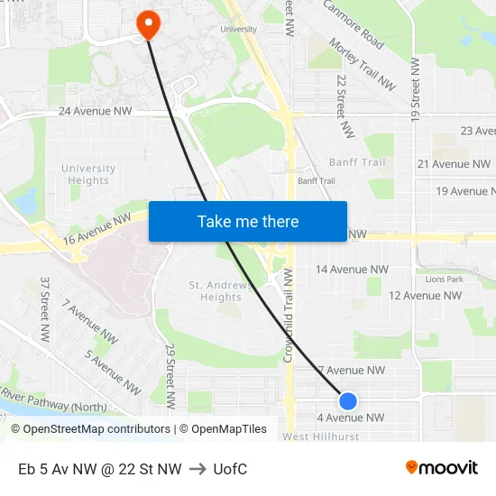 Eb 5 Av NW @ 22 St NW to UofC map