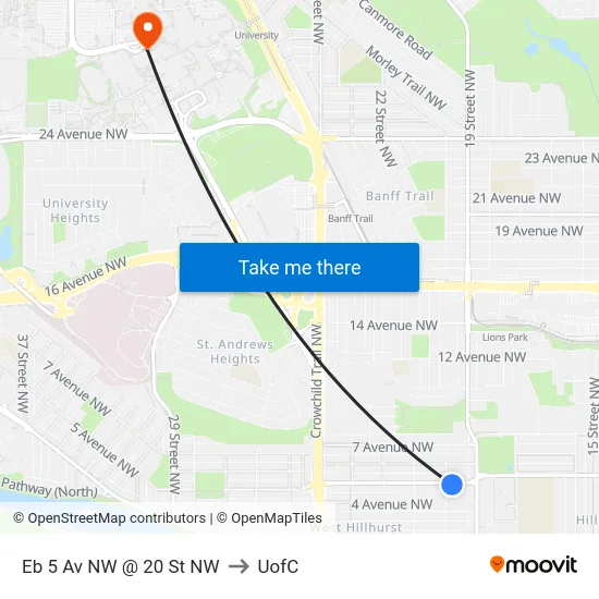 Eb 5 Av NW @ 20 St NW to UofC map