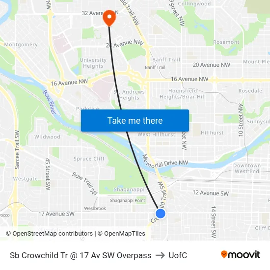 Sb Crowchild Tr @ 17 Av SW Overpass to UofC map
