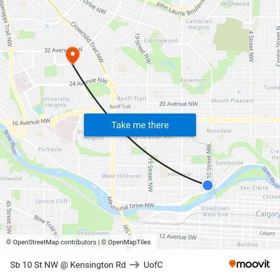 Sb 10 St NW @ Kensington Rd to UofC map