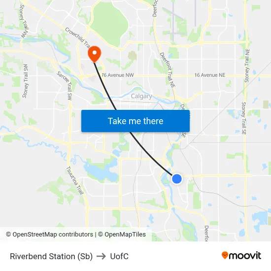 Riverbend Station (Sb) to UofC map