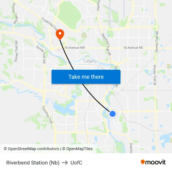 Riverbend Station (Nb) to UofC map