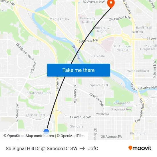 Sb Signal Hill Dr @ Sirocco Dr SW to UofC map