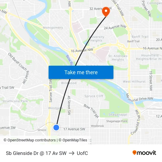 Sb Glenside Dr @ 17 Av SW to UofC map