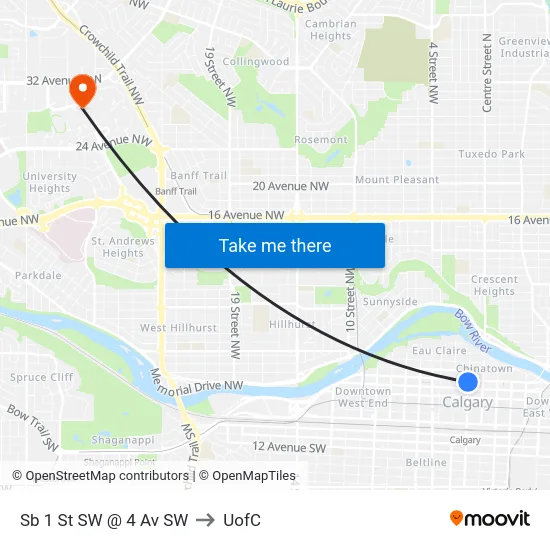 Sb 1 St SW @ 4 Av SW to UofC map