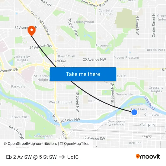 Eb 2 Av SW @ 5 St SW to UofC map