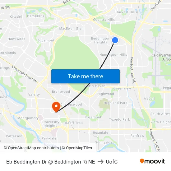 Eb Beddington Dr @ Beddington Ri NE to UofC map