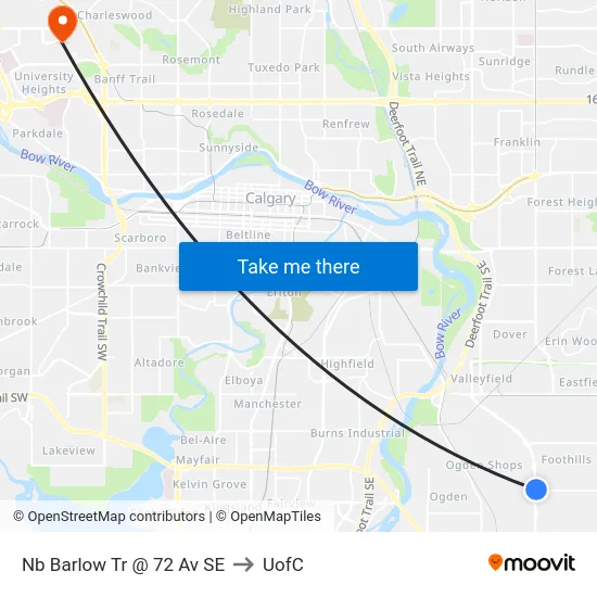 Nb Barlow Tr @ 72 Av SE to UofC map