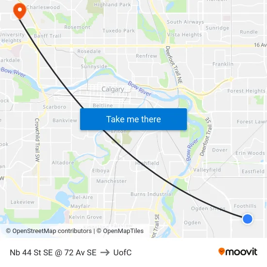Nb 44 St SE @ 72 Av SE to UofC map
