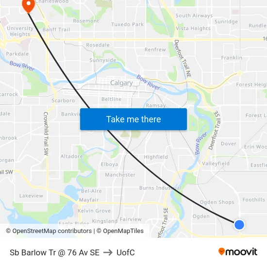 Sb Barlow Tr @ 76 Av SE to UofC map