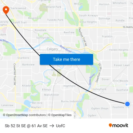 Sb 52 St SE @ 61 Av SE to UofC map