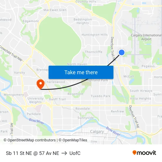 Sb 11 St NE @ 57 Av NE to UofC map