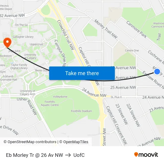 Eb Morley Tr @ 26 Av NW to UofC map