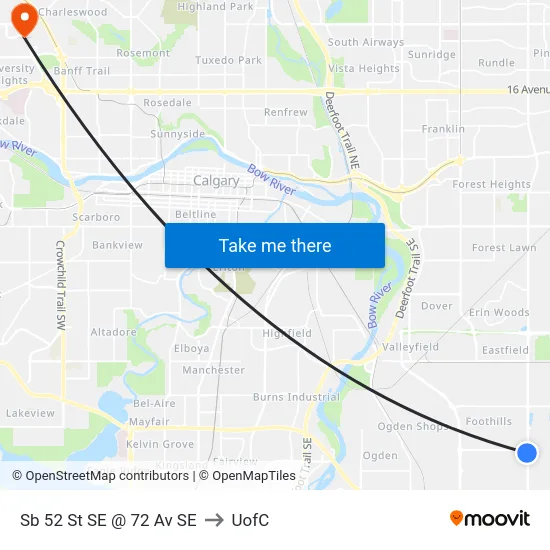 Sb 52 St SE @ 72 Av SE to UofC map