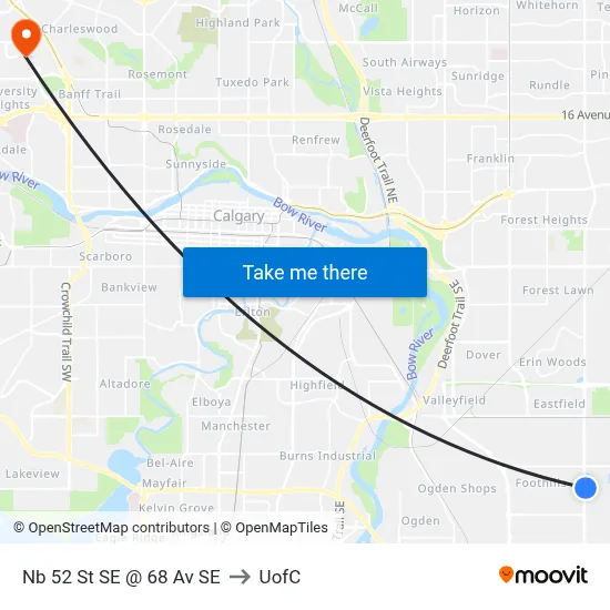 Nb 52 St SE @ 68 Av SE to UofC map