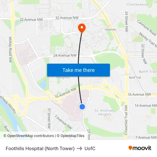 Foothills Hospital (North Tower) to UofC map