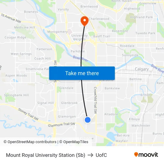 Mount Royal University Station (Sb) to UofC map
