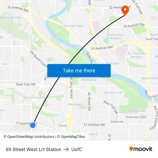 69 Street West Lrt Station to UofC map