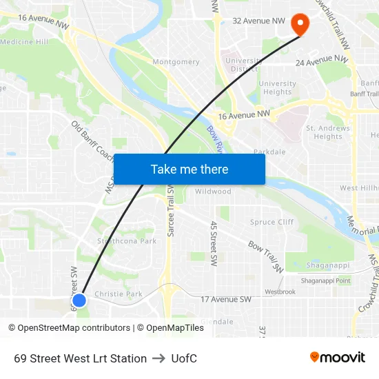 69 Street West Lrt Station to UofC map