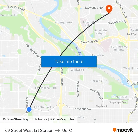 69 Street West Lrt Station to UofC map