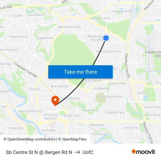Sb Centre St N @ Bergen Rd N to UofC map