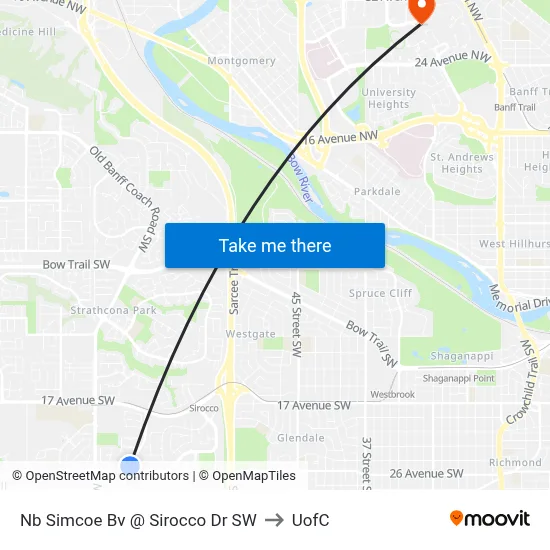 Nb Simcoe Bv @ Sirocco Dr SW to UofC map