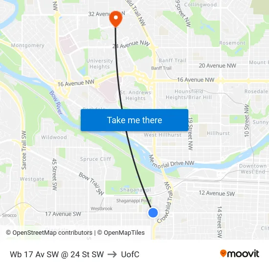 Wb 17 Av SW @ 24 St SW to UofC map