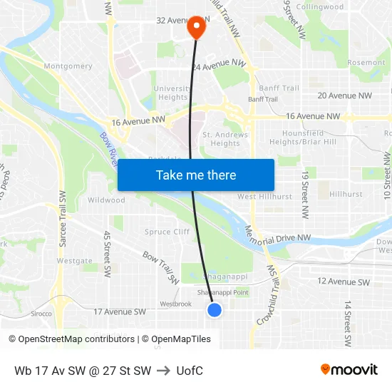 Wb 17 Av SW @ 27 St SW to UofC map