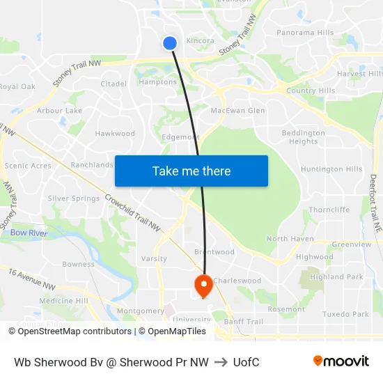 Wb Sherwood Bv @ Sherwood Pr NW to UofC map