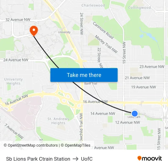 Sb Lions Park Ctrain Station to UofC map