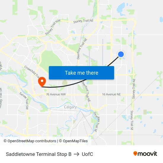 Saddletowne Terminal Stop B to UofC map