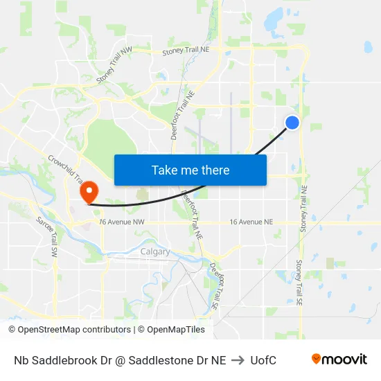 Nb Saddlebrook Dr @ Saddlestone Dr NE to UofC map